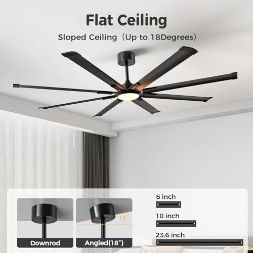 Acesal ALCF002 Ceiling Fans with Lights and Remote：72 Inch Indoor Outdoor Large Ceiling Fan for Living Room Patio Kitchen 8 Aluminum Blades Black Industrial Ceiling Fan 6 Speed Reversible Quiet DC Motor