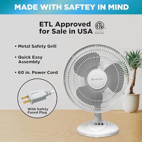 Comfort Zone CZ161BK Oscillating Table Fan with Adjustable Tilt, Convenient Push Button Controls, Quiet, 16 inch, 3 Speed, Desk Fan, Airflow 15.75 ft/sec, Ideal for Home, Bedroom, Dorm & Office