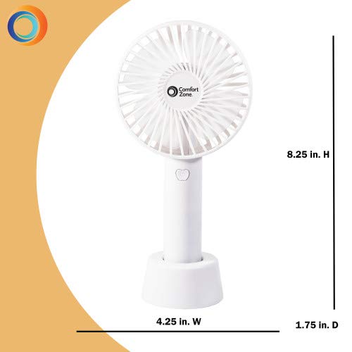 Comfort Zone CZPF402WT Personal Handheld Rechargeable Fan, 4 inch, 3 Speed, Lithium Ion Battery, Micro USB Cable, Powerful, Mini Hand Fan, Ideal for Home, Bedroom & Office