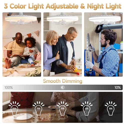 Acesal Socket Fan Light - 13 Inch Flush Mount Ceiling Fans with Lights and Remote, 3 Colors Led Smooth Dimming, 4 Speeds, E26 Modern Ceiling Fan with Light for Bedroom/Living Room/Garage/Kitchen-White