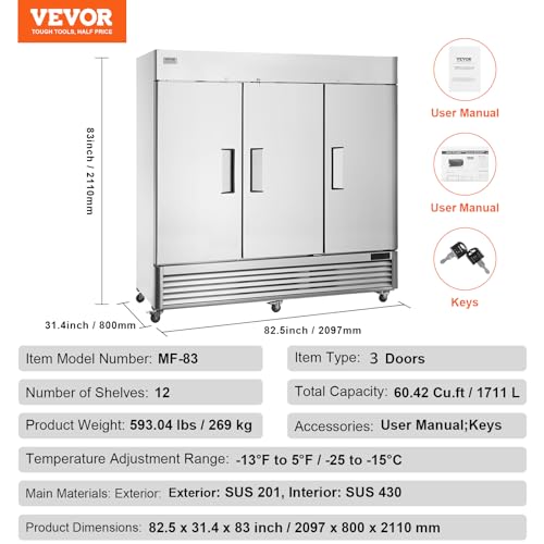 VEVOR Commercial Freezer 60.42 Cu.ft, Reach In 82.5" W Upright Freezer 3 Doors, Auto-Defrost Stainless Steel Reach-in Freezer with 12 Adjustable Shelves, -13 to 5℉ Temp Control, LED Lighting, 4 Wheels