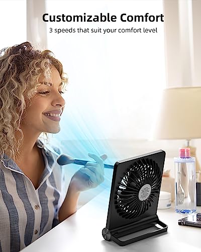 Koonie F471 Portable Desk Fan, 3.5-20hrs Battery Operated Small USB Fan with Ultra Quiet 220° Tilt Folding, Rechargeable Personal Fan with 3 Speeds Strong Wind for Home Office Desktop, Black