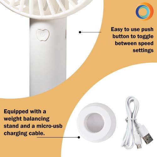 Comfort Zone CZPF402WT Personal Handheld Rechargeable Fan, 4 inch, 3 Speed, Lithium Ion Battery, Micro USB Cable, Powerful, Mini Hand Fan, Ideal for Home, Bedroom & Office