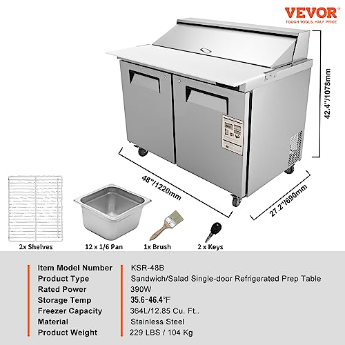 Vevor KSR-48B Commercial Sandwich & Salad Table, 12.85 Cu. Ft Thick Stainless Steel 12 Pans Cutting Board, 2 Fridge for Restaurant, Bar, Shop Food Prep Station, 48" W Refrigerator Double Door, Silver