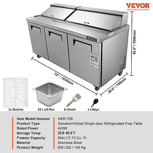 VEVOR B0C8TP2BJ5 Commercial Refrigerator, 72" Sandwich & Salad Prep Table, 17.73 Cu. Ft Stainless Steel Refrigerated Food Prep Station with 18 Pans, Cut Board, 3 Door Worktop Fridge with lock for Restaurant
