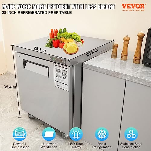 VEVOR KTR-27B Commercial Refrigerator, 28" Undercounter Worktop Refrigerator, 7.4 Cu. Ft Thick Stainless Steel Refrigerated Single Door Worktop Fridge with lock for Bar