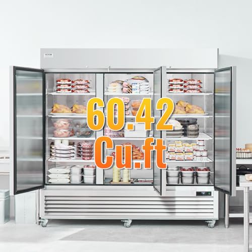 VEVOR Commercial Freezer 60.42 Cu.ft, Reach In 82.5" W Upright Freezer 3 Doors, Auto-Defrost Stainless Steel Reach-in Freezer with 12 Adjustable Shelves, -13 to 5℉ Temp Control, LED Lighting, 4 Wheels