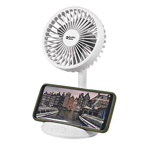 Comfort Zone CZPF401WT Rechargeable Fan with Wireless Charger, 4 inch, USB Chargeable Lithium Battery, Adjustable Tilt, Powerful & Portable, Cooling & Charging