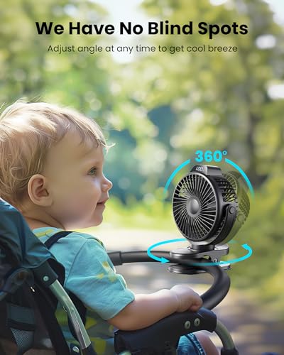 Koonie B0CRTPYP1B Portable Clip On Fan, Small USB Fan Battery Operated, 3 Speed Rechargeable Mini Fan With LED Display, 360° Rotate Personal Cooling Desk Fan for Stroller Travel Camping Golf Gym