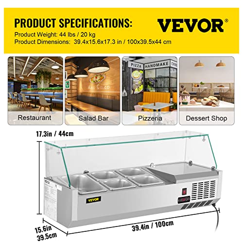 VEVOR AB0118w Refrigerated Condiment Prep Station, 40-Inch, 7.8Qt Sandwich Prep Table with 1 1/3 Pan & 4 1/6 Pans, 150W Salad Bar with 304 Stainless Body Tempered Glass Shield Digital Temp Display Auto Defros