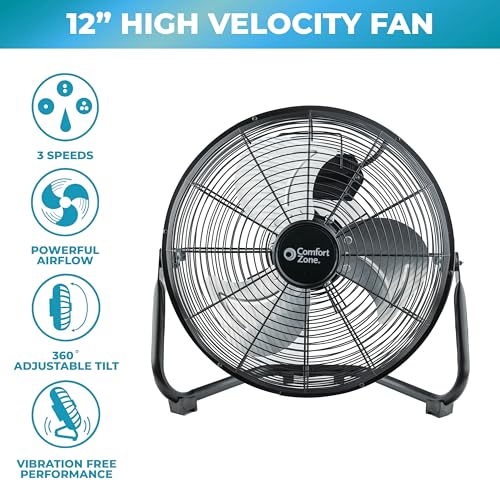 Comfort Zone CZHV12B Cradle Floor Fan, 12 inch, 3 Speed, High Velocity, 180 Degree Adjustable Tilt, All-Metal, Carry Handle, Rubber Feet, Airflow 15.42 ft/sec, Ideal for Home, Bedroom & Office