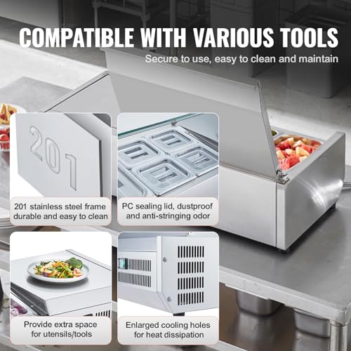 VEVOR E48TW-G, 135 W Countertop Refrigerated Condiment Station, with 2 1/3 4 1/6 Pans, 304 Body and PC Lid, Sandwich Prep Table Guard, ETL, Stainless 48in, Silver