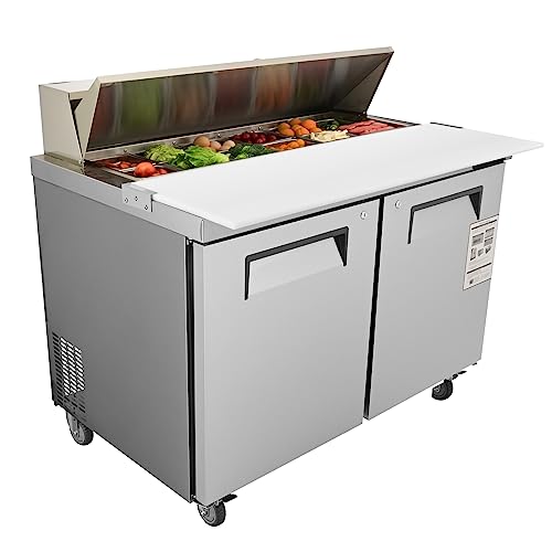 Vevor KSR-48B Commercial Sandwich & Salad Table, 12.85 Cu. Ft Thick Stainless Steel 12 Pans Cutting Board, 2 Fridge for Restaurant, Bar, Shop Food Prep Station, 48" W Refrigerator Double Door, Silver