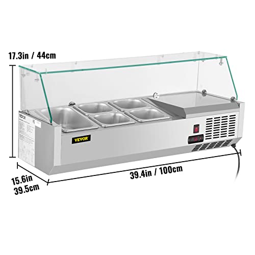 VEVOR AB0118w Refrigerated Condiment Prep Station, 40-Inch, 7.8Qt Sandwich Prep Table with 1 1/3 Pan & 4 1/6 Pans, 150W Salad Bar with 304 Stainless Body Tempered Glass Shield Digital Temp Display Auto Defros