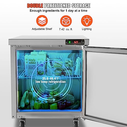 VEVOR KTR-27B Commercial Refrigerator, 28" Undercounter Worktop Refrigerator, 7.4 Cu. Ft Thick Stainless Steel Refrigerated Single Door Worktop Fridge with lock for Bar