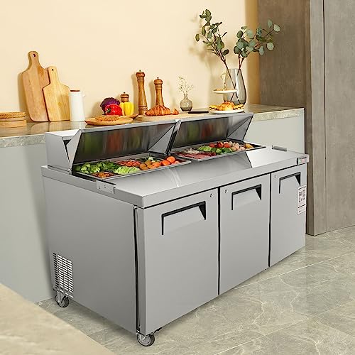 VEVOR B0C8TP2BJ5 Commercial Refrigerator, 72" Sandwich & Salad Prep Table, 17.73 Cu. Ft Stainless Steel Refrigerated Food Prep Station with 18 Pans, Cut Board, 3 Door Worktop Fridge with lock for Restaurant