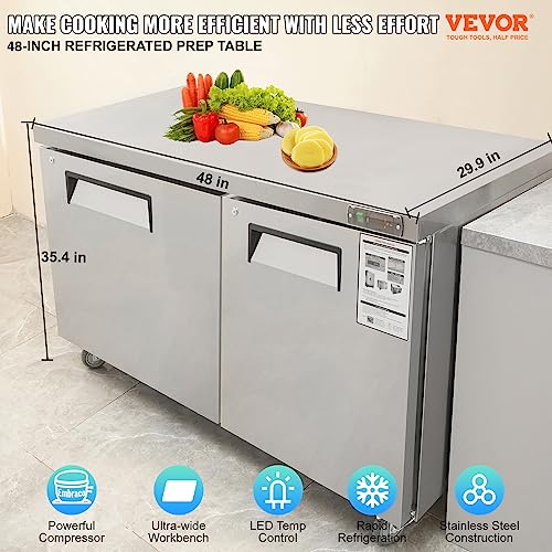 VEVOR B0C8TKF5MM Commercial Refrigerator, 48" Worktop Undercounter Refrigerator, 12.85 Cu. Ft Thick Stainless Steel Refrigerated Food Prep Station, 2 Door Worktop Fridge with lock for Restaurant, Bar, Diner
