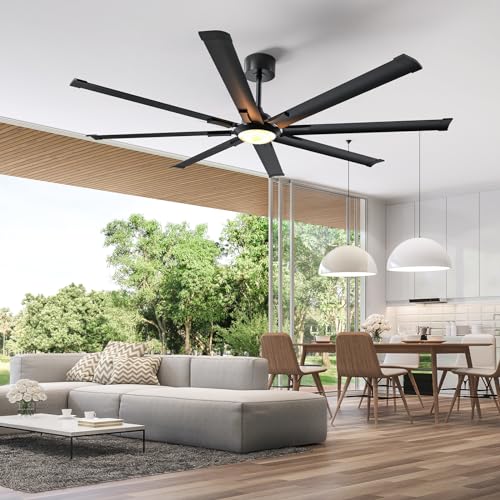 Acesal ALCF002 Ceiling Fans with Lights and Remote：72 Inch Indoor Outdoor Large Ceiling Fan for Living Room Patio Kitchen 8 Aluminum Blades Black Industrial Ceiling Fan 6 Speed Reversible Quiet DC Motor
