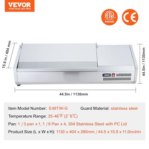VEVOR E48TW-G, 135 W Countertop Refrigerated Condiment Station, with 2 1/3 4 1/6 Pans, 304 Body and PC Lid, Sandwich Prep Table Guard, ETL, Stainless 48in, Silver