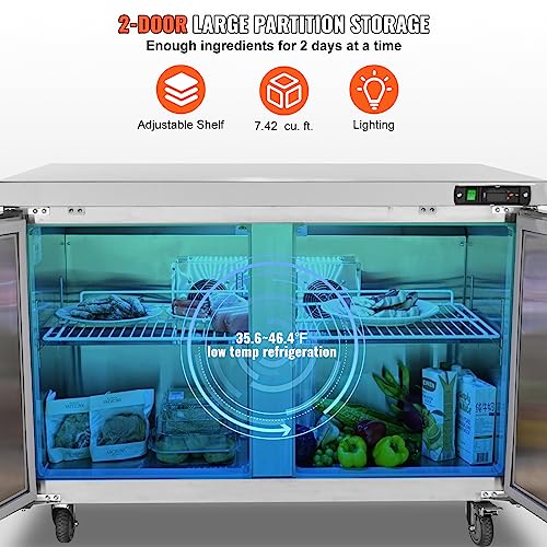 VEVOR B0C8TKF5MM Commercial Refrigerator, 48" Worktop Undercounter Refrigerator, 12.85 Cu. Ft Thick Stainless Steel Refrigerated Food Prep Station, 2 Door Worktop Fridge with lock for Restaurant, Bar, Diner
