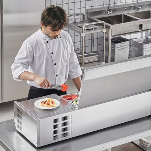 VEVOR E48TW-G, 135 W Countertop Refrigerated Condiment Station, with 2 1/3 4 1/6 Pans, 304 Body and PC Lid, Sandwich Prep Table Guard, ETL, Stainless 48in, Silver
