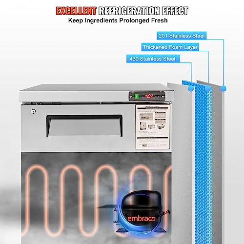 VEVOR KTR-27B Commercial Refrigerator, 28" Undercounter Worktop Refrigerator, 7.4 Cu. Ft Thick Stainless Steel Refrigerated Single Door Worktop Fridge with lock for Bar