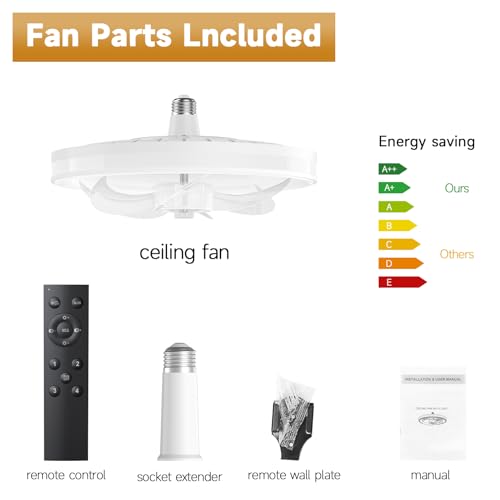 Acesal Socket Fan Light - 13 Inch Flush Mount Ceiling Fans with Lights and Remote, 3 Colors Led Smooth Dimming, 4 Speeds, E26 Modern Ceiling Fan with Light for Bedroom/Living Room/Garage/Kitchen-White
