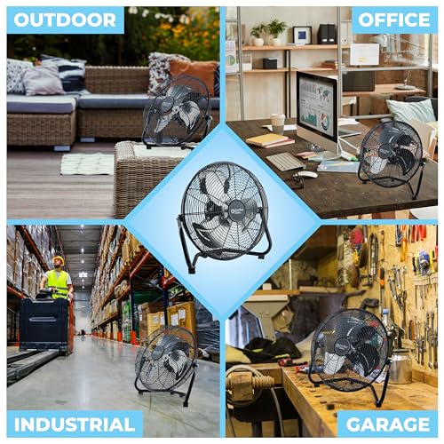 Comfort Zone CZHV12B Cradle Floor Fan, 12 inch, 3 Speed, High Velocity, 180 Degree Adjustable Tilt, All-Metal, Carry Handle, Rubber Feet, Airflow 15.42 ft/sec, Ideal for Home, Bedroom & Office