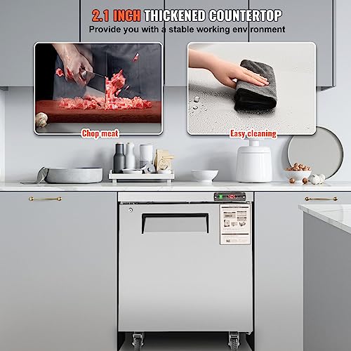 VEVOR KTR-27B Commercial Refrigerator, 28" Undercounter Worktop Refrigerator, 7.4 Cu. Ft Thick Stainless Steel Refrigerated Single Door Worktop Fridge with lock for Bar