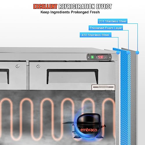 VEVOR B0C8TKF5MM Commercial Refrigerator, 48" Worktop Undercounter Refrigerator, 12.85 Cu. Ft Thick Stainless Steel Refrigerated Food Prep Station, 2 Door Worktop Fridge with lock for Restaurant, Bar, Diner