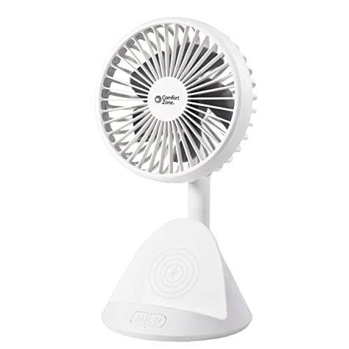 Comfort Zone CZPF401WT Rechargeable Fan with Wireless Charger, 4 inch, USB Chargeable Lithium Battery, Adjustable Tilt, Powerful & Portable, Cooling & Charging