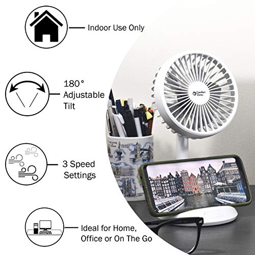 Comfort Zone CZPF401WT Rechargeable Fan with Wireless Charger, 4 inch, USB Chargeable Lithium Battery, Adjustable Tilt, Powerful & Portable, Cooling & Charging