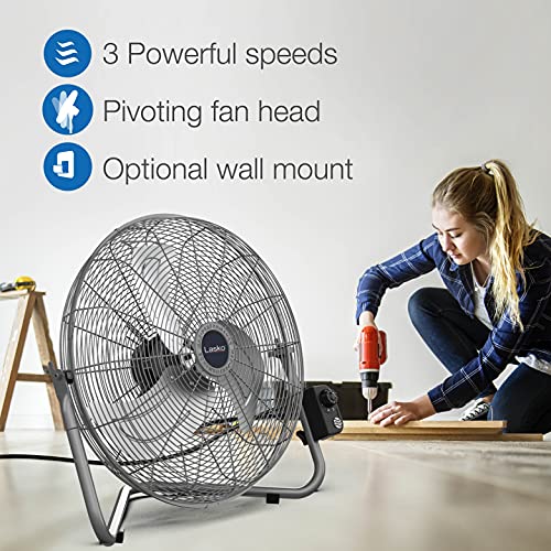 Lasko 2265QM High Velocity Max Performance Floor Fan with Wall mount Option, 3 Powerful Speeds, Pivoting Fan Head for Home, Garage, Attic, 20", Black