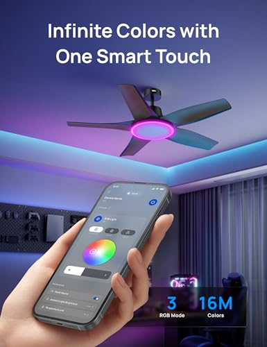 Dreo ‎CLF712S Smart Ceiling Fans with Lights, Low profile Ceiling Fan with Alexa/App, 52'' Dimmable Lighting & Color Tuning, RGB Ambient Light for Living Room, Game Room, Easy Installation, Quiet, Black