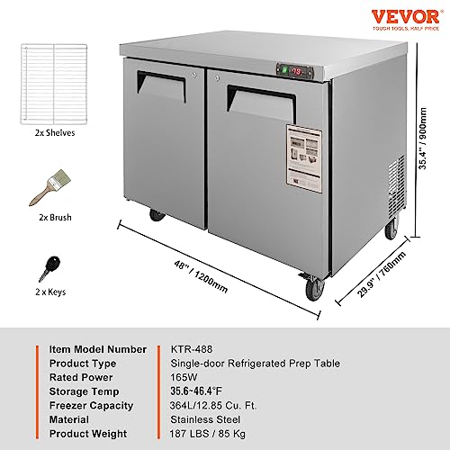 VEVOR B0C8TKF5MM Commercial Refrigerator, 48" Worktop Undercounter Refrigerator, 12.85 Cu. Ft Thick Stainless Steel Refrigerated Food Prep Station, 2 Door Worktop Fridge with lock for Restaurant, Bar, Diner