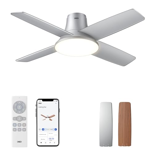 Dreo DR-HCF003S Smart Ceiling Fans with Lights and Remote, 12 Speeds & 3 Fan Modes, Quiet DC Motor, Easy to Install, Dimmable LED Ceiling Fans with APP/Alexa Control, 12H Timer for Home, Indoor, Silver, 44''