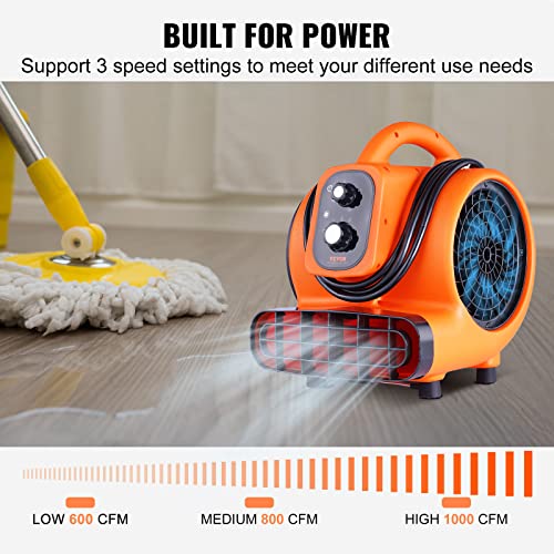 VEVOR VV-FXZGFJ1450 Air Mover, 1/4 HP 1000 CFM Carpet Dryer for Cooling and Ventilating, Portable Floor Blower Fan with 4 Blowing Angles and Time Function, for Janitorial, Home, Commercial Use