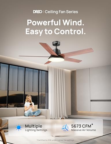 Dreo CLF521 Ceiling Fans with Lights and Remote, 52 Inch, 6 Speeds, 5 Color Tones Dimmable LED, Quiet Reversible DC Motor, 8H Timer, Black Ceiling Fan for Bedroom, Living Room, Easy to Install