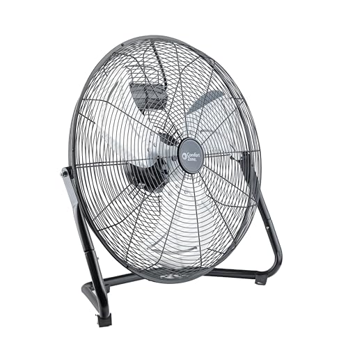 Comfort Zone CZHV20BK Cradle Floor Fan, Electric, High-Velocity,180 Degree Adjustable Tilt, 20 inch, 3 Speed, Carry Handle, Rubber Feet, Metal, Airflow 19.46 ft/sec, Ideal for Garage or Workshop