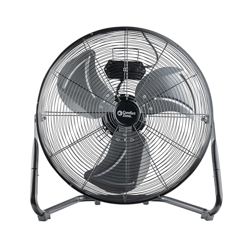 Comfort Zone CZHV20BK Cradle Floor Fan, Electric, High-Velocity,180 Degree Adjustable Tilt, 20 inch, 3 Speed, Carry Handle, Rubber Feet, Metal, Airflow 19.46 ft/sec, Ideal for Garage or Workshop