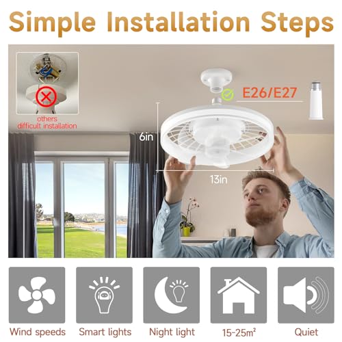 Acesal 12" Modern Ceiling Fans with Lights and Remote, Socket Fan Light LED Stepless Dimmable, Reversible Blades,4 Speeds,DC Motor for Bedroom, Indoor Use - White