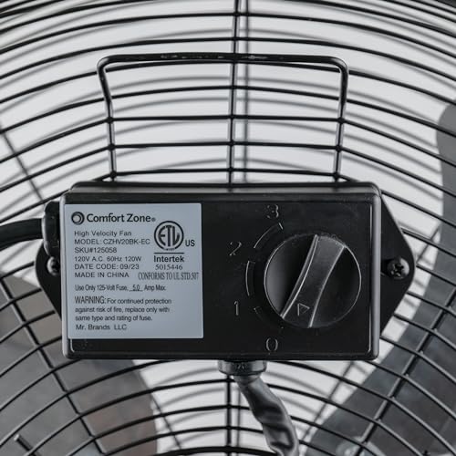 Comfort Zone CZHV20BK Cradle Floor Fan, Electric, High-Velocity,180 Degree Adjustable Tilt, 20 inch, 3 Speed, Carry Handle, Rubber Feet, Metal, Airflow 19.46 ft/sec, Ideal for Garage or Workshop
