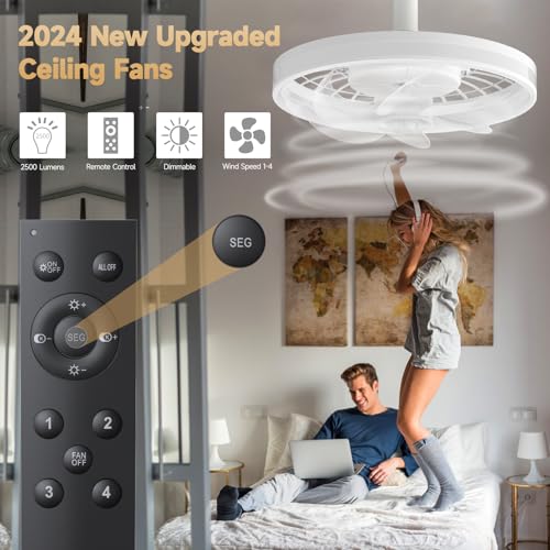 Acesal 12" Modern Ceiling Fans with Lights and Remote, Socket Fan Light LED Stepless Dimmable, Reversible Blades,4 Speeds,DC Motor for Bedroom, Indoor Use - White