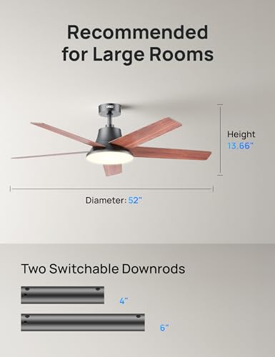 Dreo CLF521 Ceiling Fans with Lights and Remote, 52 Inch, 6 Speeds, 5 Color Tones Dimmable LED, Quiet Reversible DC Motor, 8H Timer, Black Ceiling Fan for Bedroom, Living Room, Easy to Install
