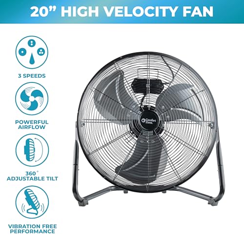 Comfort Zone CZHV20BK Cradle Floor Fan, Electric, High-Velocity,180 Degree Adjustable Tilt, 20 inch, 3 Speed, Carry Handle, Rubber Feet, Metal, Airflow 19.46 ft/sec, Ideal for Garage or Workshop