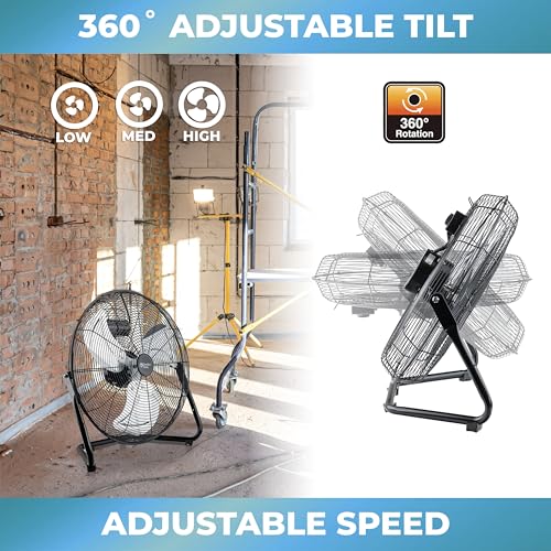 Comfort Zone CZHV20BK Cradle Floor Fan, Electric, High-Velocity,180 Degree Adjustable Tilt, 20 inch, 3 Speed, Carry Handle, Rubber Feet, Metal, Airflow 19.46 ft/sec, Ideal for Garage or Workshop