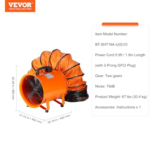 VEVOR ‎BT-SS16-(D)10 16 Inch Utility Blower Fan, 2 Speed 5175 CFM Heavy Duty Cylinder Axial Exhaust Fan with 33ft Duct Hose, Industrial Portable Confined Space Ventilator for basements, warehouse, Workshop