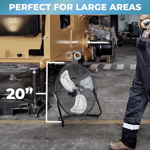 Comfort Zone CZHV20BK Cradle Floor Fan, Electric, High-Velocity,180 Degree Adjustable Tilt, 20 inch, 3 Speed, Carry Handle, Rubber Feet, Metal, Airflow 19.46 ft/sec, Ideal for Garage or Workshop