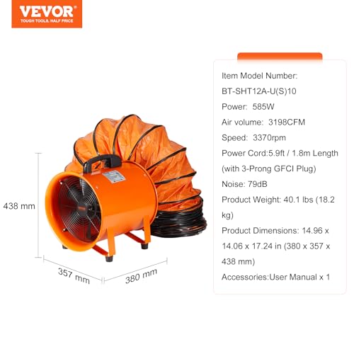 VEVOR BT-SHT12A-U(S)10 Portable Utility Blower Fan, 12 Inch 585W 3198 CFM Heavy Duty Cylinder Axial Exhaust Fan with 33ft Duct Hose, Industrial Ventilator for Ventilating Workshops, Confined Space