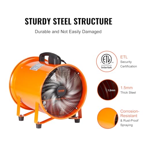 VEVOR ‎BT-SS16-(D)10 16 Inch Utility Blower Fan, 2 Speed 5175 CFM Heavy Duty Cylinder Axial Exhaust Fan with 33ft Duct Hose, Industrial Portable Confined Space Ventilator for basements, warehouse, Workshop